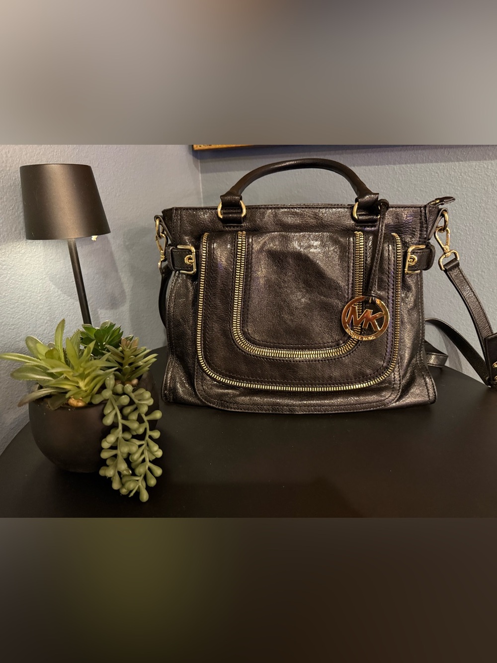 Michael Kors Black Leather Satchel with Gold Accents